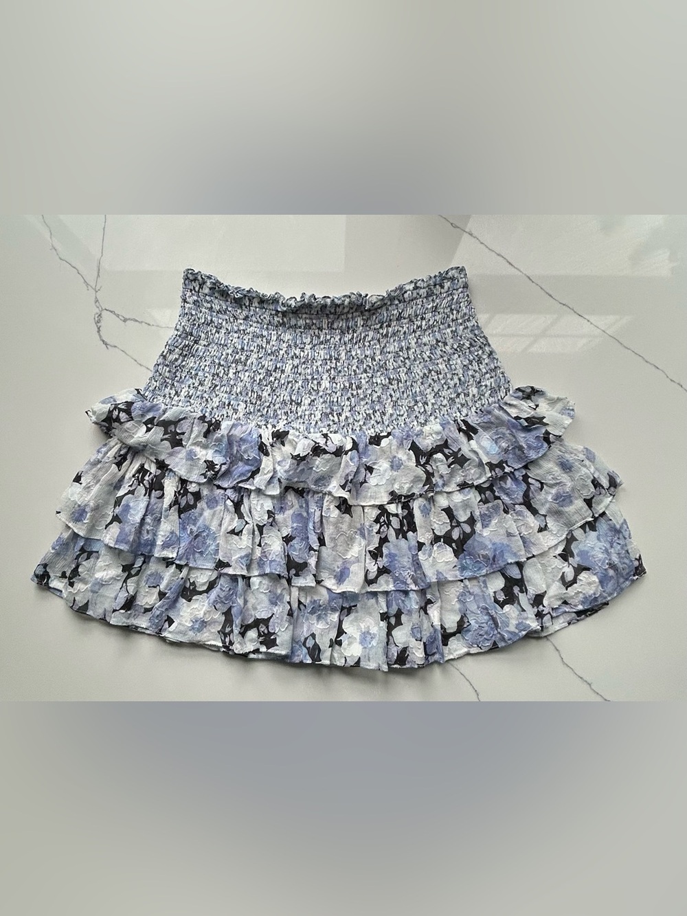 LoveShackFancy Blue and White Floral Ruffle Mini Skirt - Picture 2 of 6